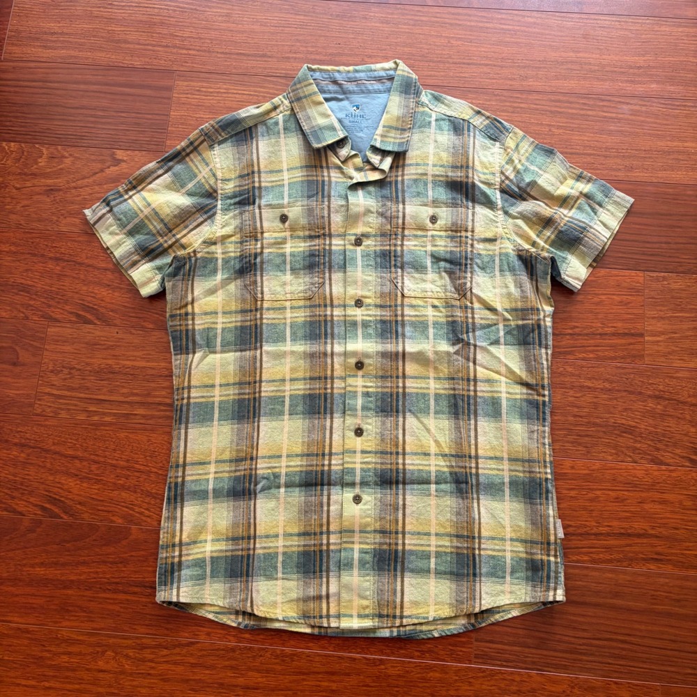 Kuhl Mens Small Tapered Fit Plaid Short Sleeve Button Down Shirt Green Yellow
